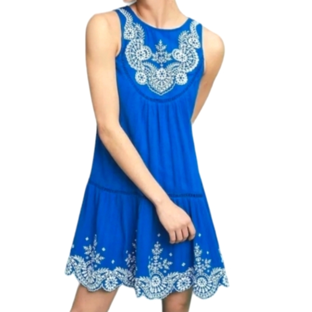 Anthropologie Meadow Rue sleeveles blue dress embroidered scallop hem women's 0 - Picture 2 of 15